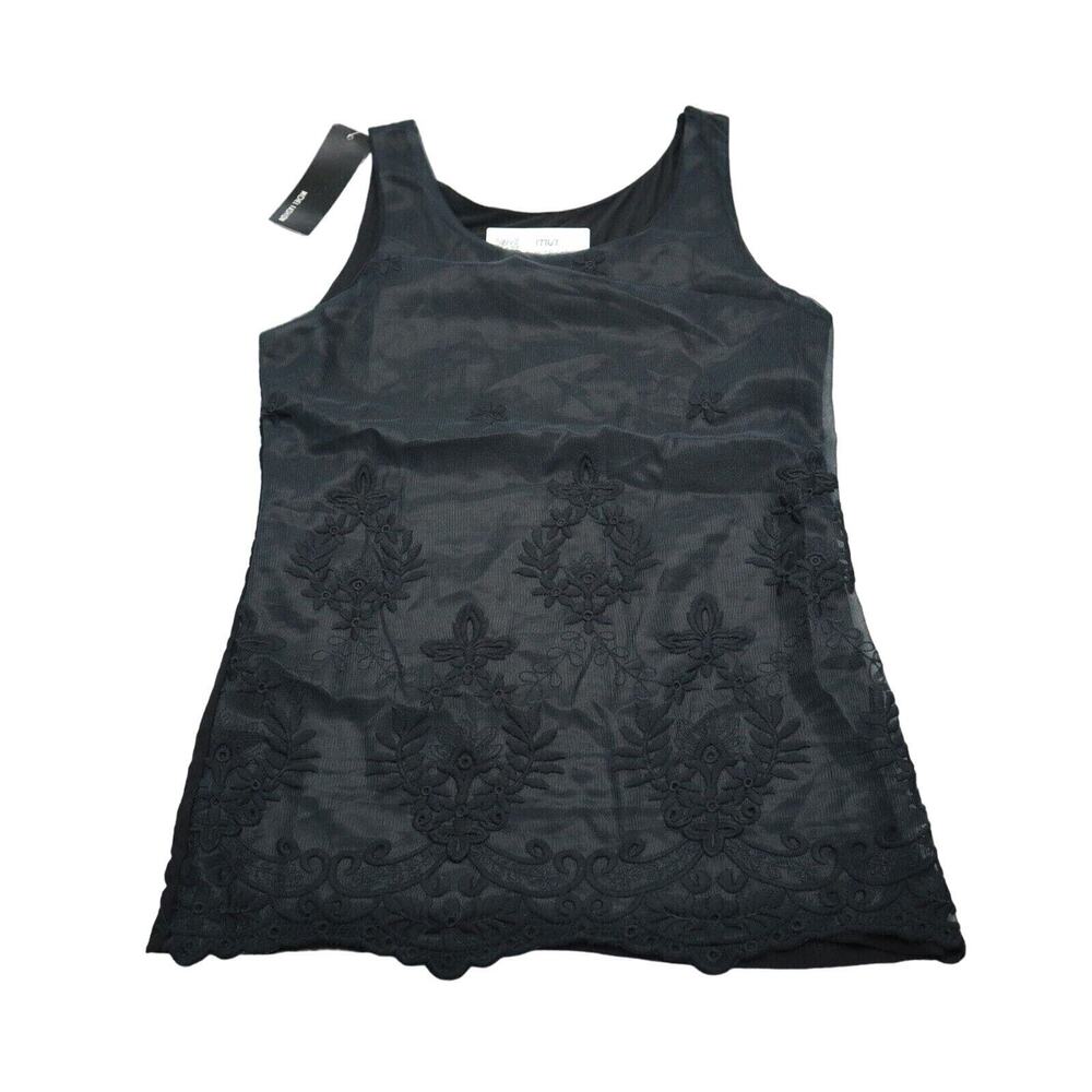 Michel Shirt Womens S Black Sleeveless Scoop Neck Embroidered Polyester Blouse
